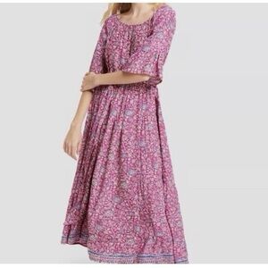 Natalie Martin Mesa Silk Botanical Maxi Dress Pink Tie Waist Size M